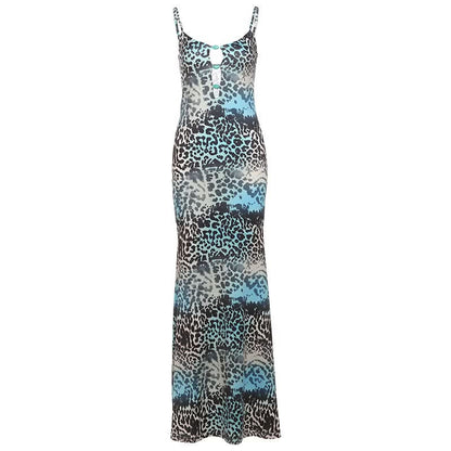 Leopard print contrast hollow out cami cut out maxi dress