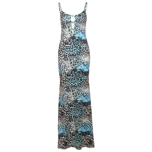 Leopard print contrast hollow out cami cut out maxi dress