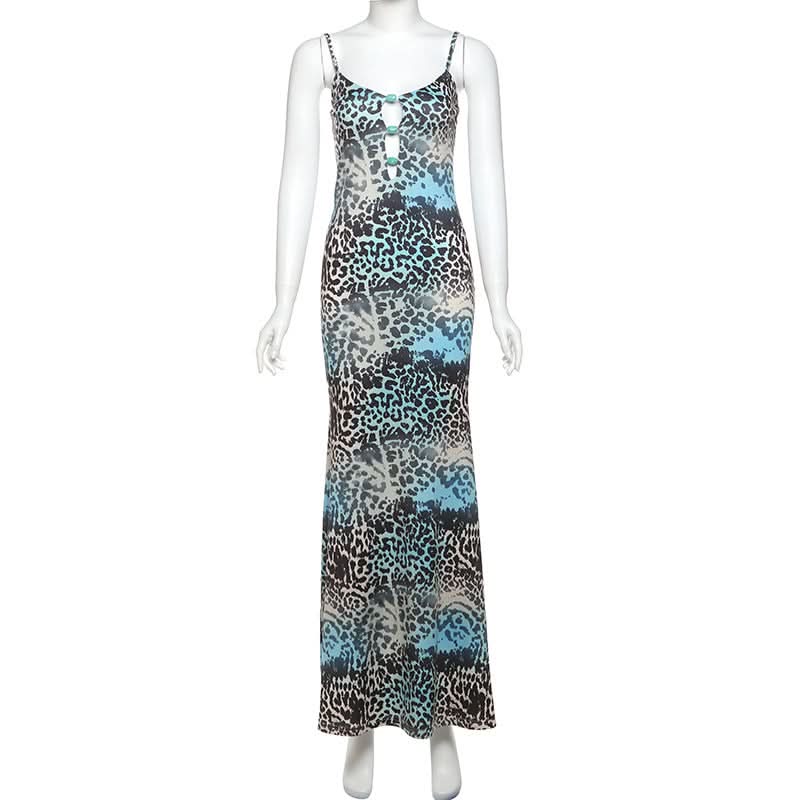 Leopard print contrast hollow out cami cut out maxi dress