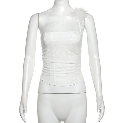 One shoulder fluffy mesh top