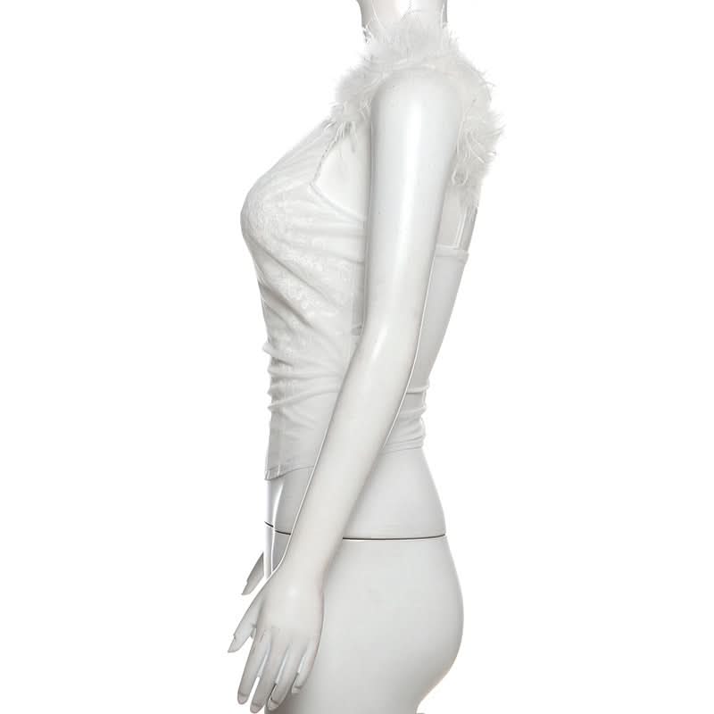 One shoulder fluffy mesh top