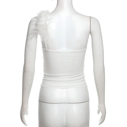 One shoulder fluffy mesh top