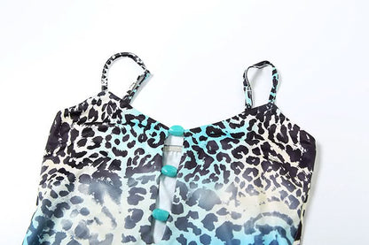 Leopard print contrast hollow out cami cut out maxi dress