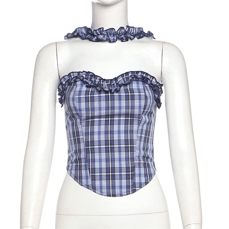 Plaid halter ruffle smocked top