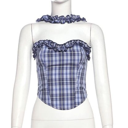 Plaid halter ruffle smocked top