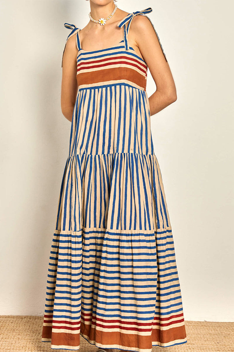 Casual Vacation Stripe Lace Up Patchwork Contrast Square Neck Sling Dresses