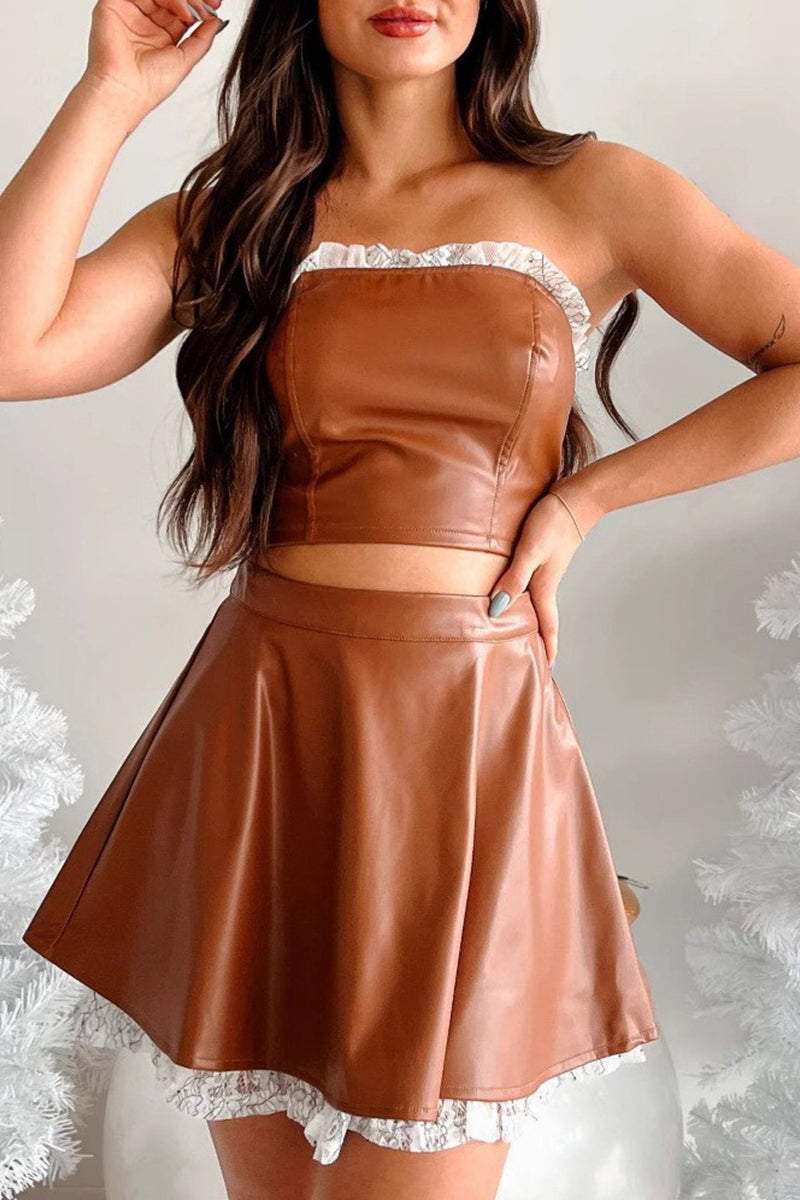 Sexy Lace Patchwork Zipper Strapless Sleeveless Two Pieces