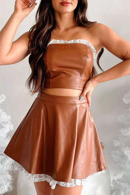 Sexy Lace Patchwork Zipper Strapless Sleeveless Two Pieces