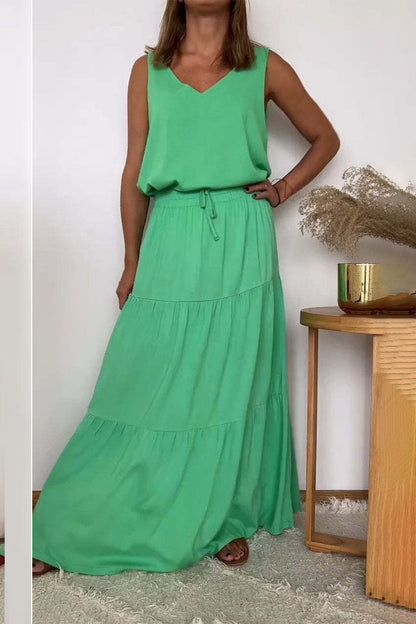 Casual Lace Up Flounce V Neck Sleeveless Two Pieces(6 Colors)