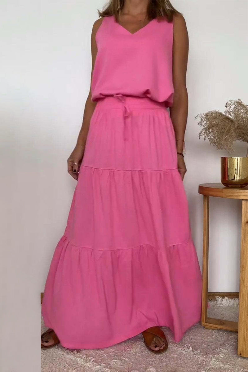 Casual Lace Up Flounce V Neck Sleeveless Two Pieces(6 Colors)