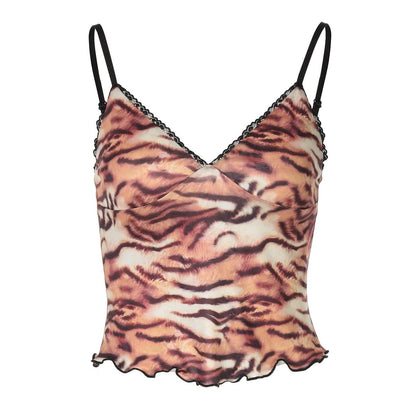 V neck tiger print ruffle cami top