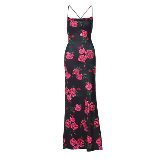 Flower print lace up backless maxi dress