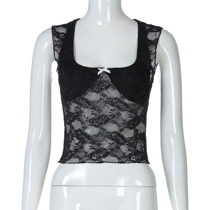 Square neck bowknot lace tank top