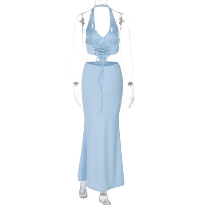 Halter v neck hollow out lace up cut out maxi dress