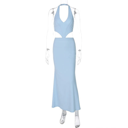 Halter v neck hollow out lace up cut out maxi dress