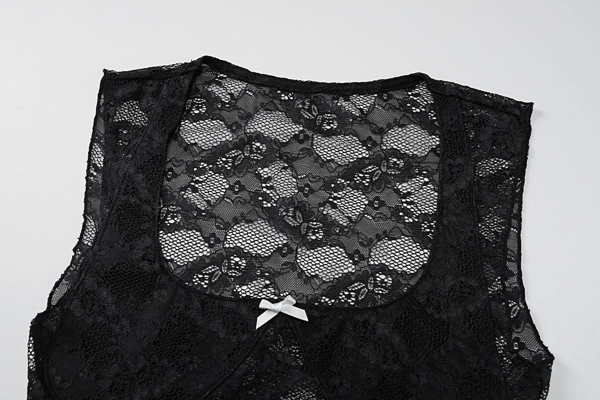 Square neck bowknot lace tank top