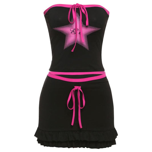 Star print ruffle self tie mini skirt set