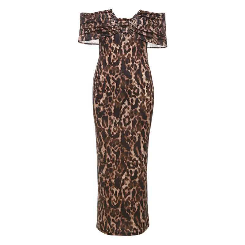 Leopard print ruched off shoulder maxi dress