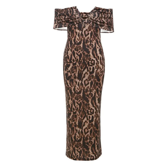 Leopard print ruched off shoulder maxi dress