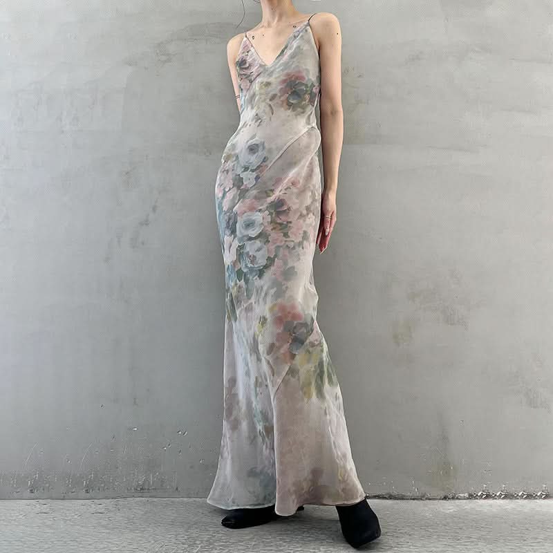 V neck flower print cami maxi dress