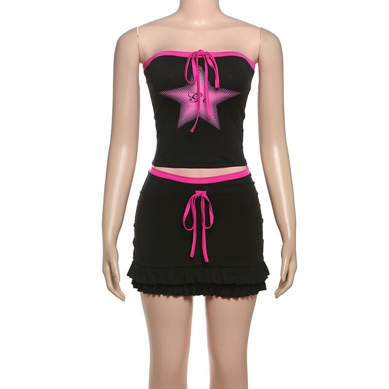 Star print ruffle self tie mini skirt set