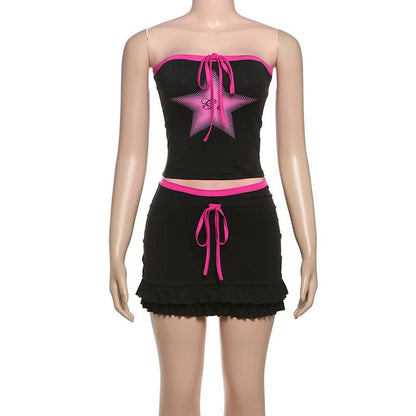 Star print ruffle self tie mini skirt set