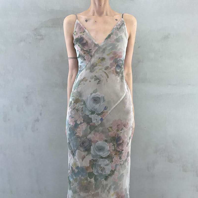 V neck flower print cami maxi dress