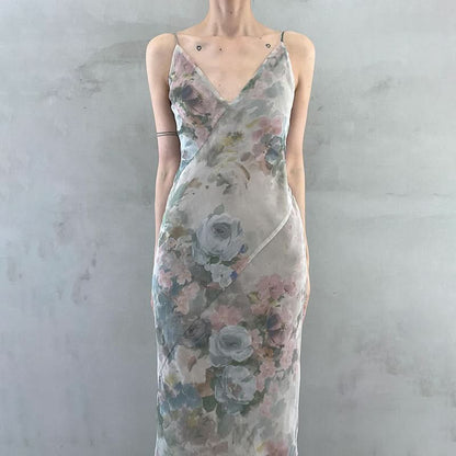 V neck flower print cami maxi dress