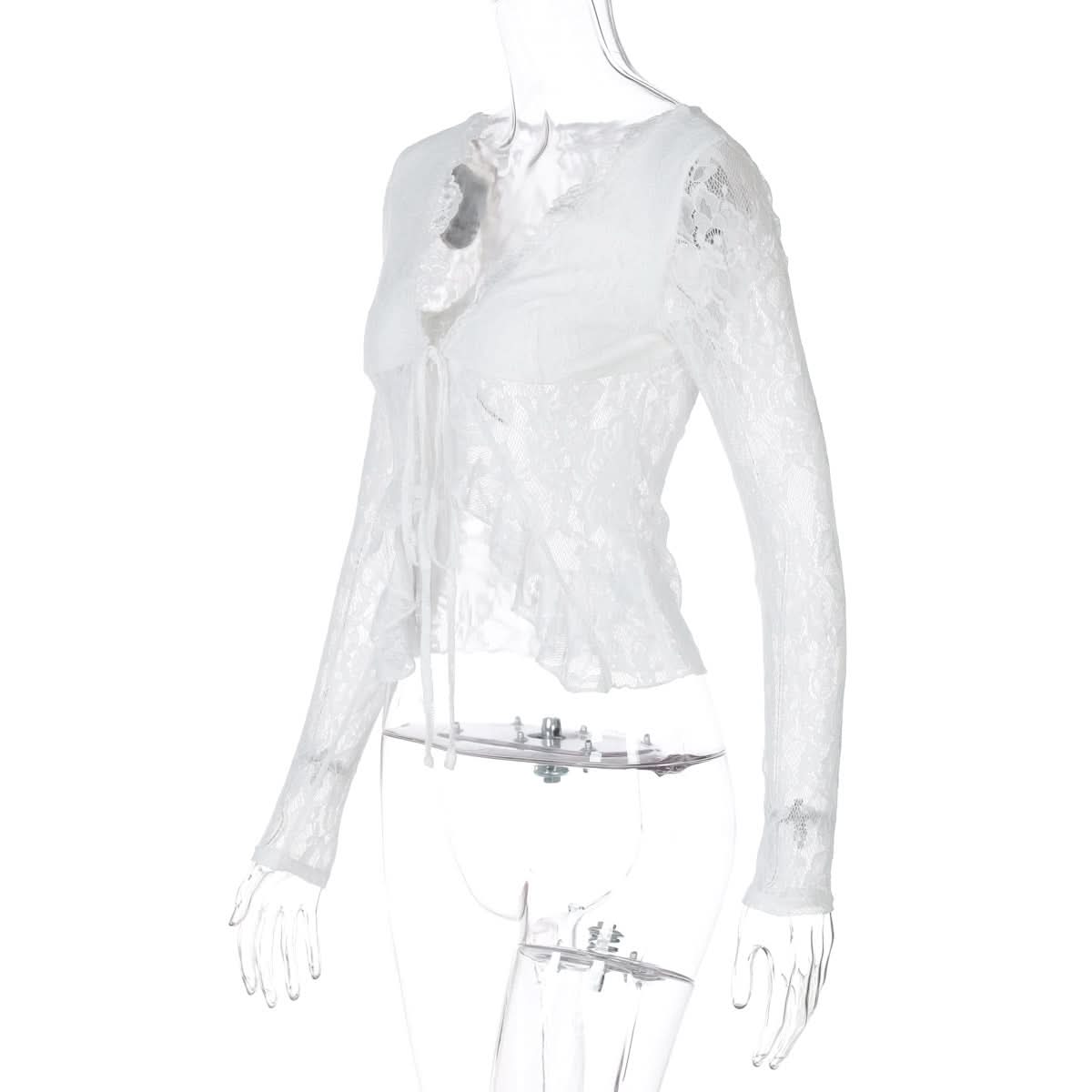 V neck long sleeve lace self tie top