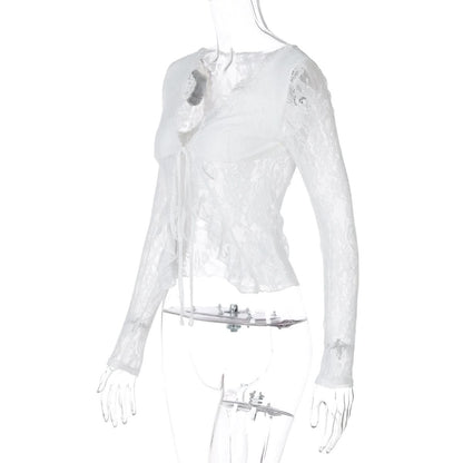 V neck long sleeve lace self tie top