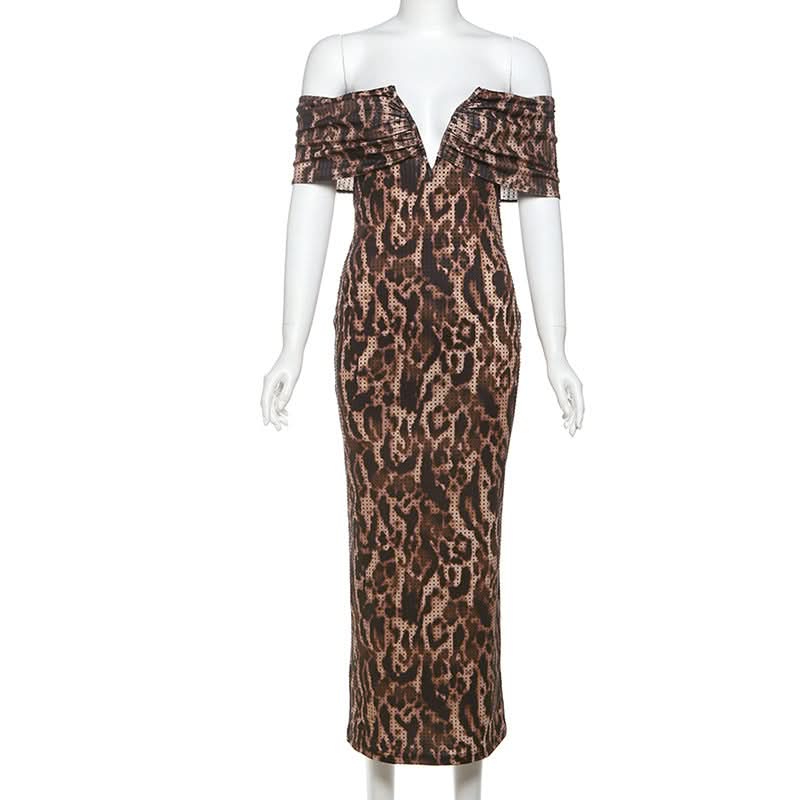 Leopard print ruched off shoulder maxi dress