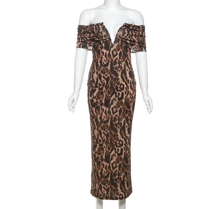Leopard print ruched off shoulder maxi dress