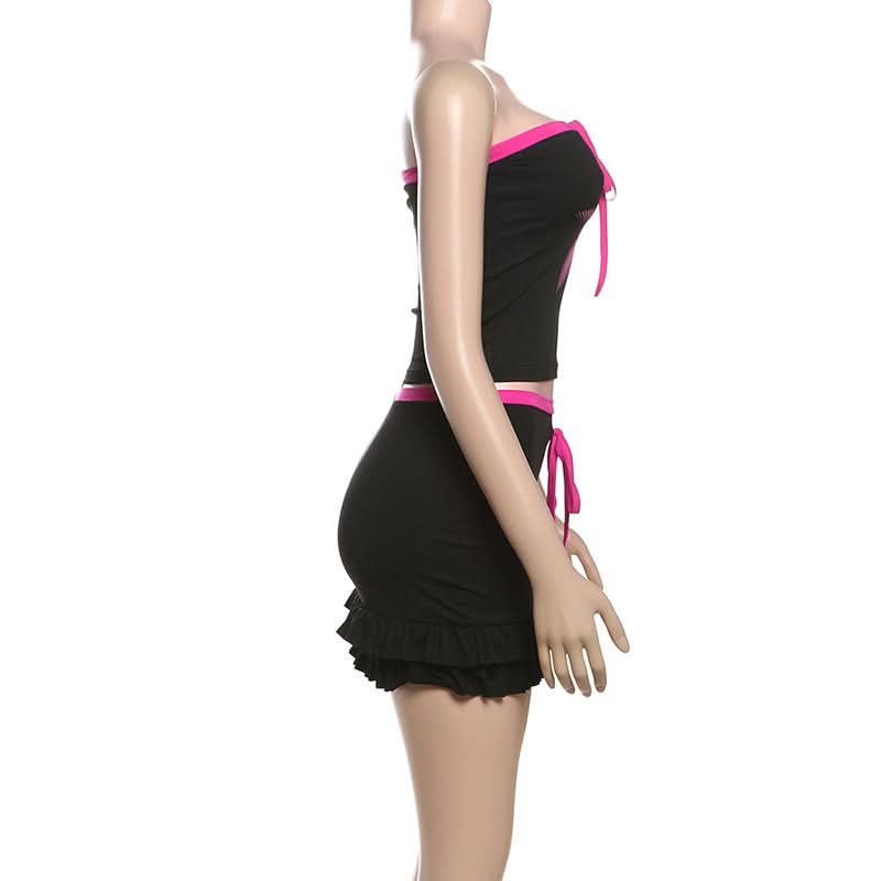 Star print ruffle self tie mini skirt set