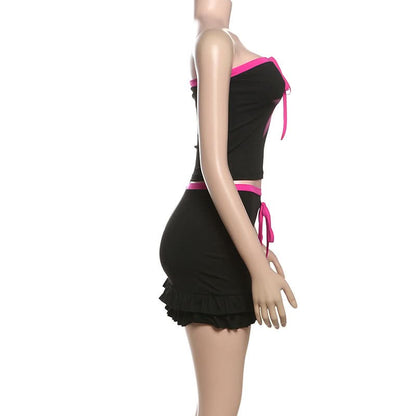 Star print ruffle self tie mini skirt set