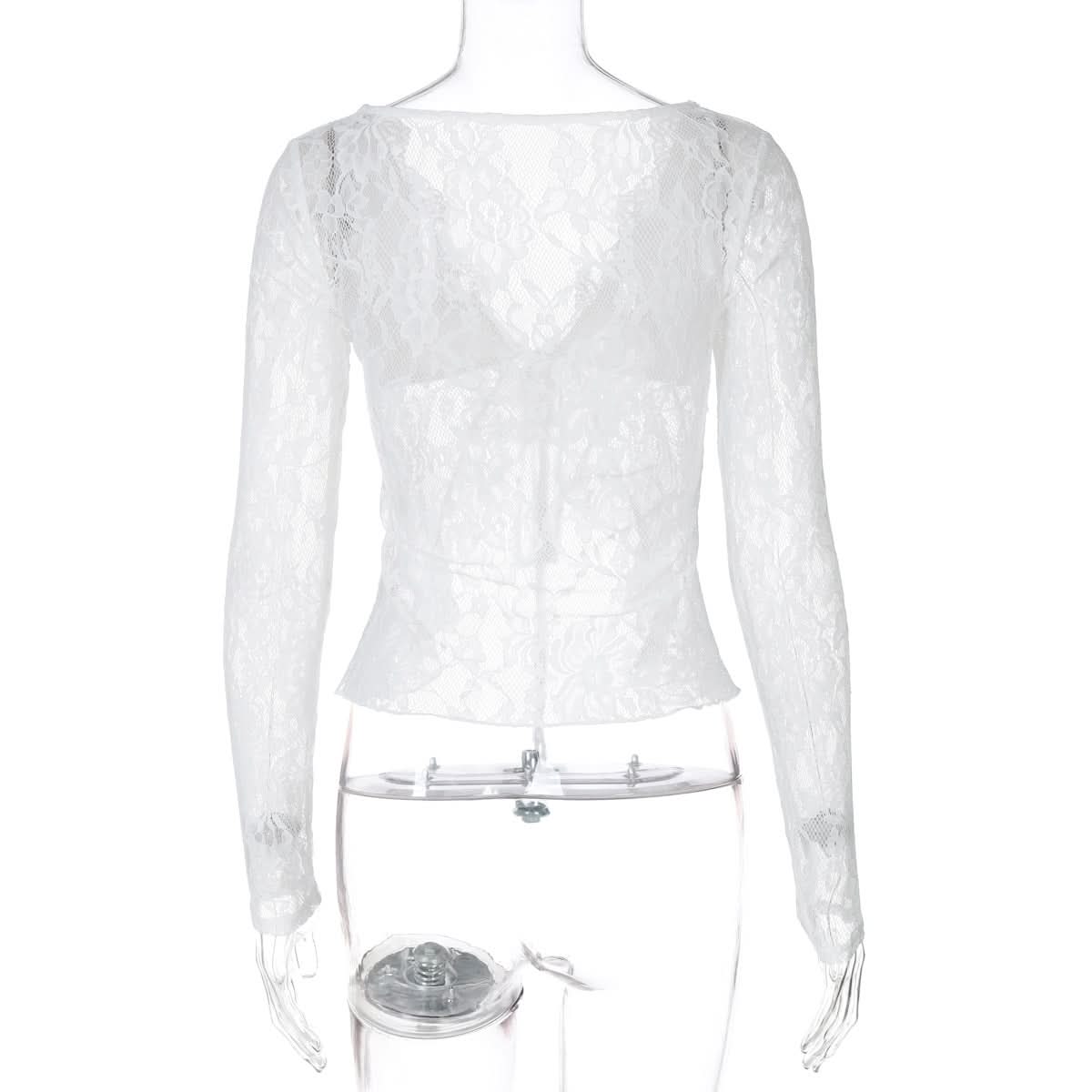 V neck long sleeve lace self tie top