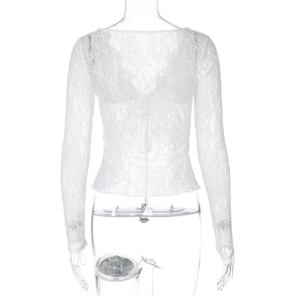 V neck long sleeve lace self tie top