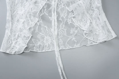 V neck long sleeve lace self tie top