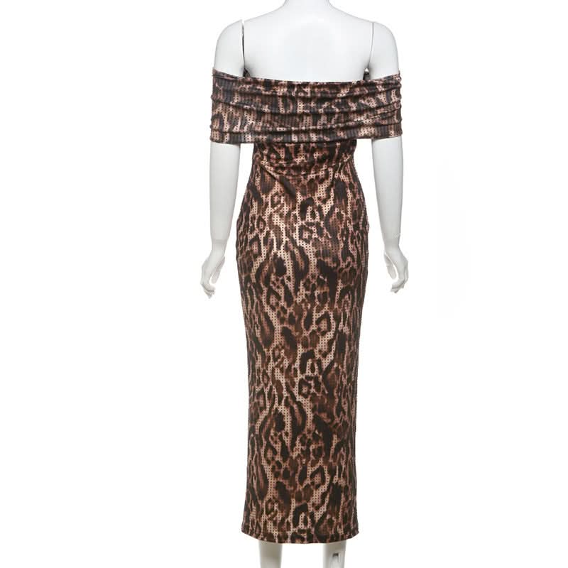 Leopard print ruched off shoulder maxi dress