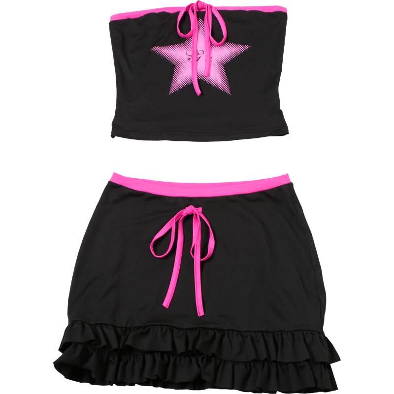 Star print ruffle self tie mini skirt set