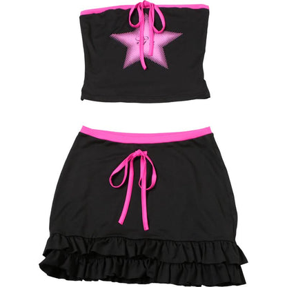 Star print ruffle self tie mini skirt set
