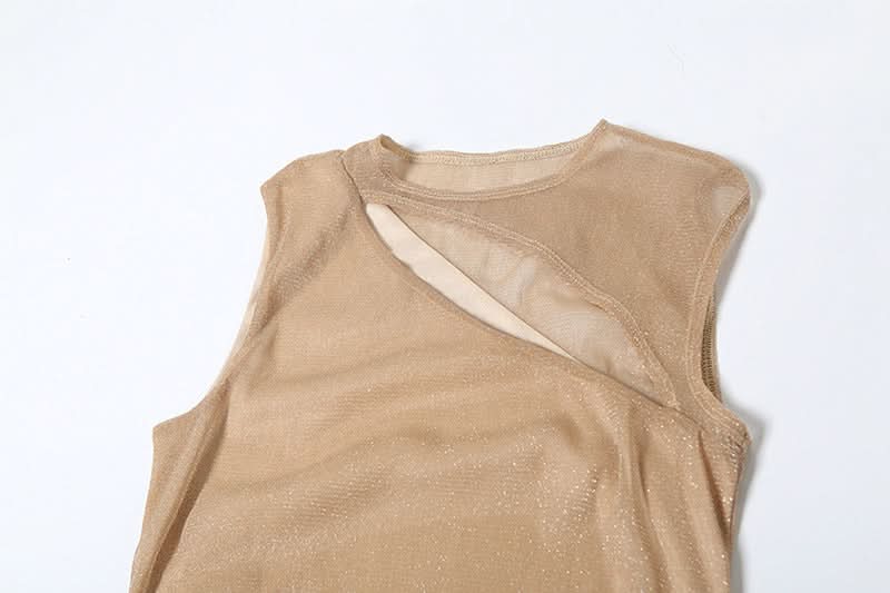 Crewneck hollow out glitter slit cut out maxi dress