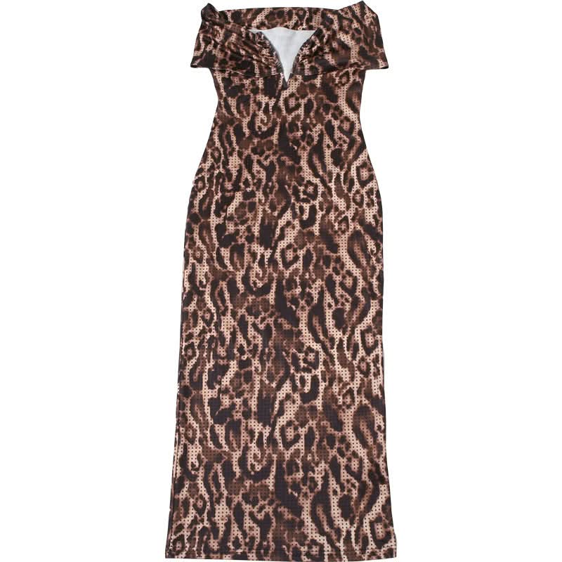 Leopard print ruched off shoulder maxi dress