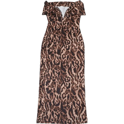 Leopard print ruched off shoulder maxi dress