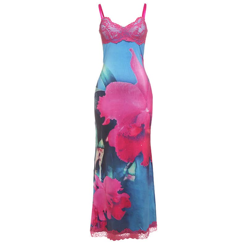 V neck lace hem flower print cami maxi dress