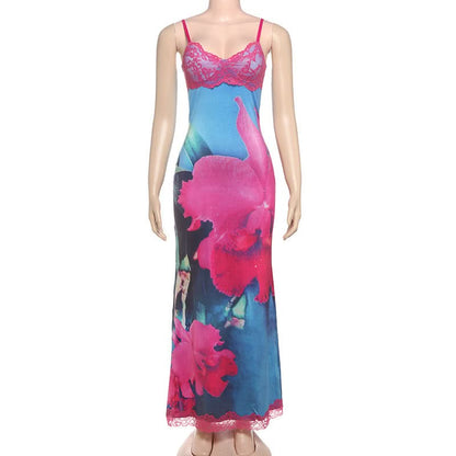 V neck lace hem flower print cami maxi dress