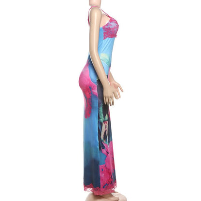 V neck lace hem flower print cami maxi dress