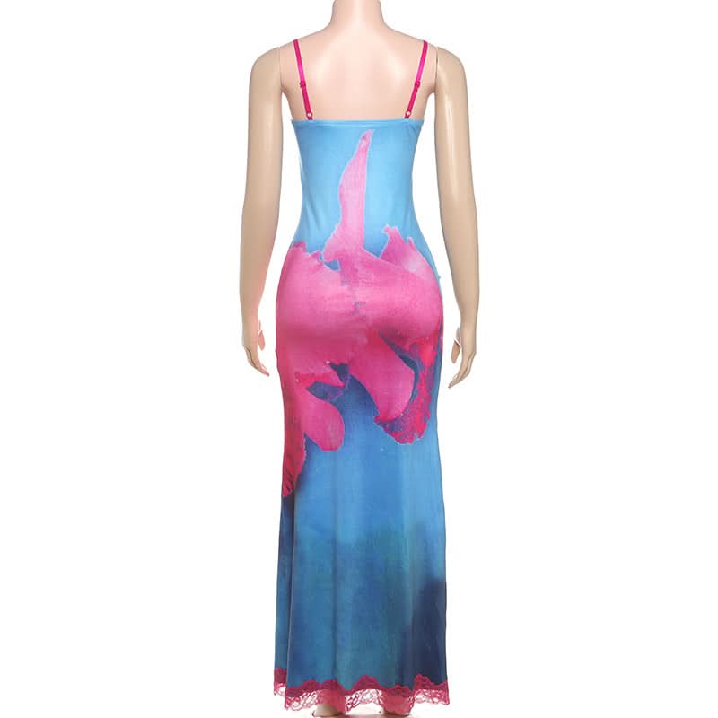 V neck lace hem flower print cami maxi dress