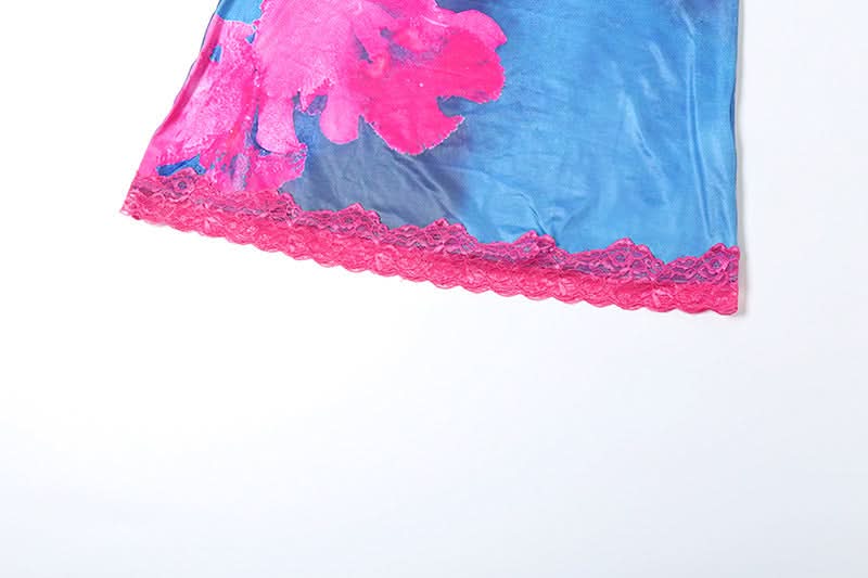 V neck lace hem flower print cami maxi dress