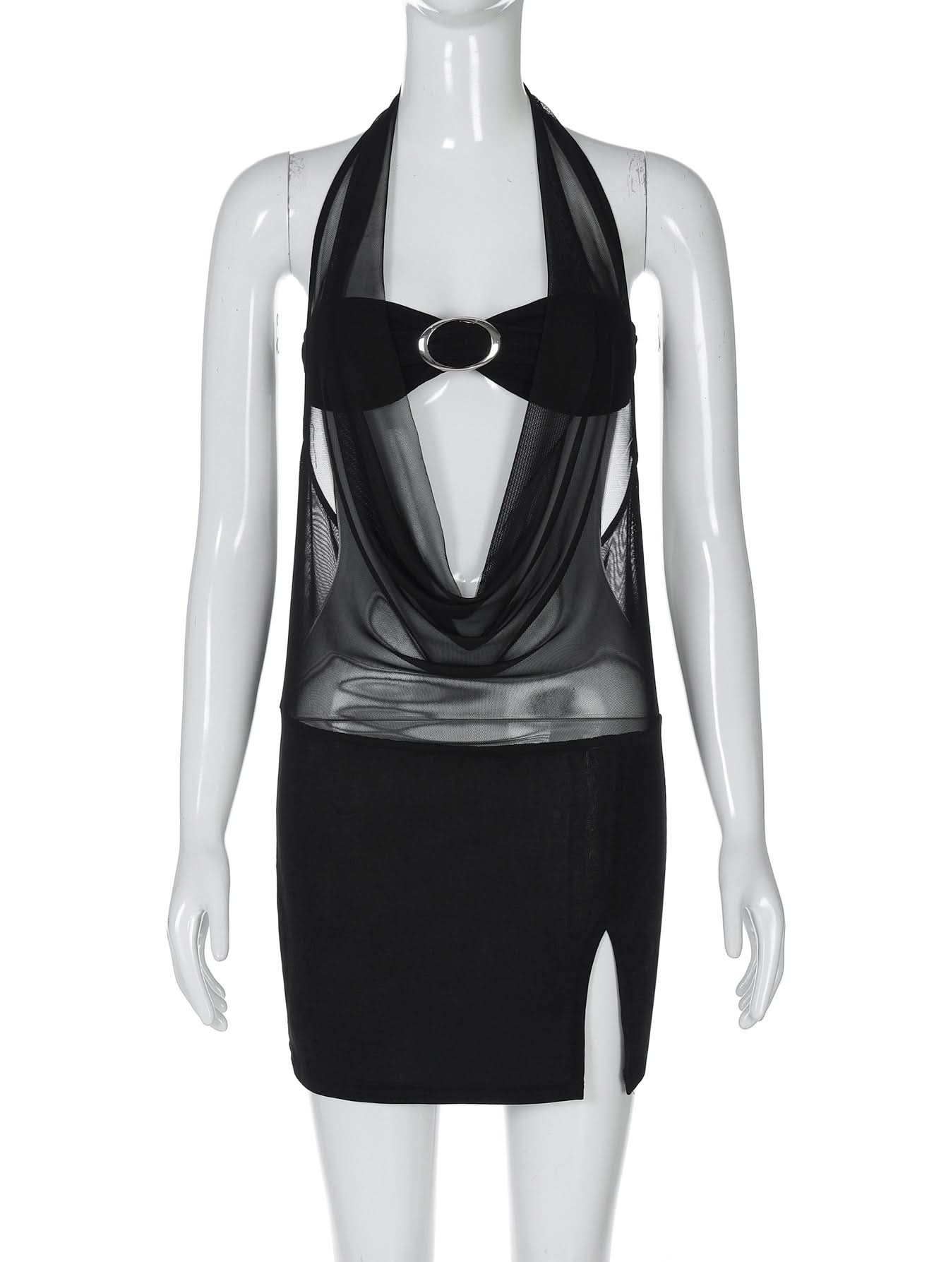 Halter mesh patchwork slit mini dress