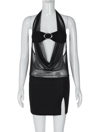 Halter mesh patchwork slit mini dress